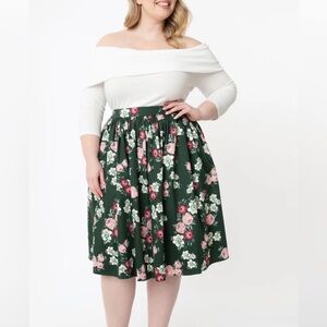 Collectif Forest Green and Pink Floral Tea-Length Skirt